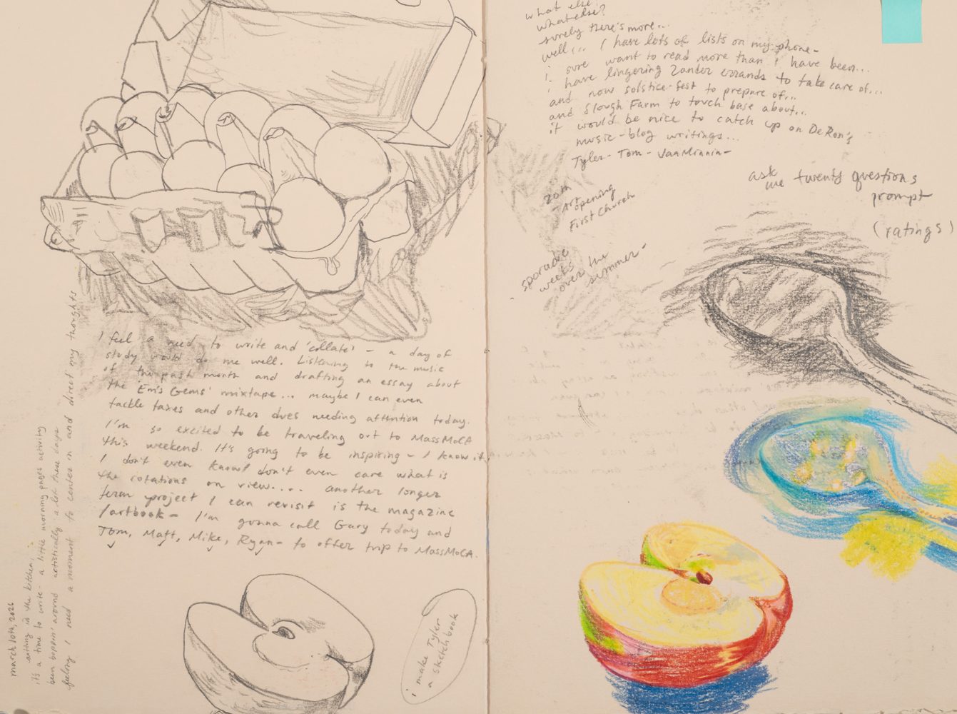 Colored pencil drawing of eggs, apples, and spoons across a sketchbook spread.