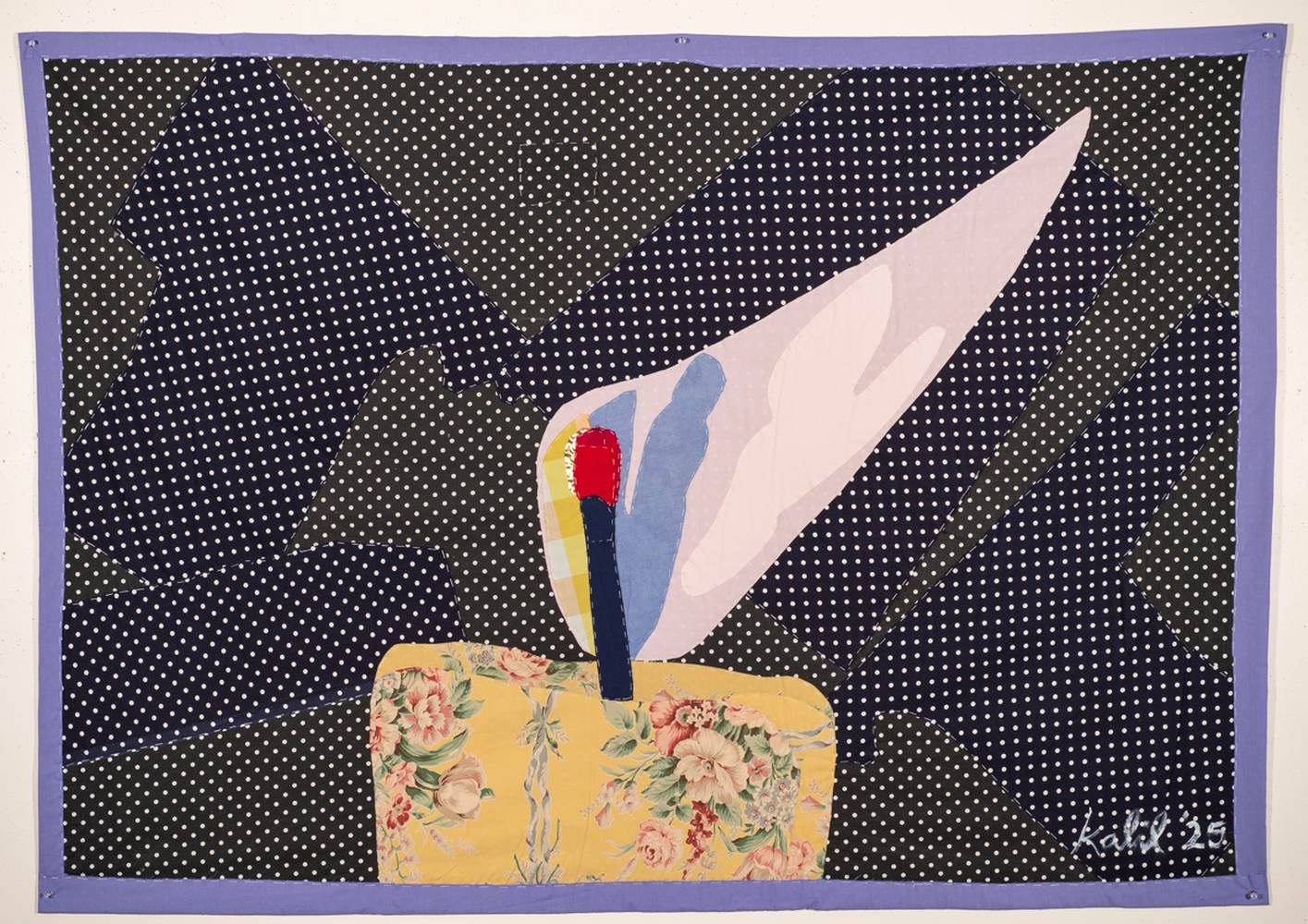 Hand-quilted textile: Candleflame Quilt — a lit candle on a floral base against a dark polka-dot ground.